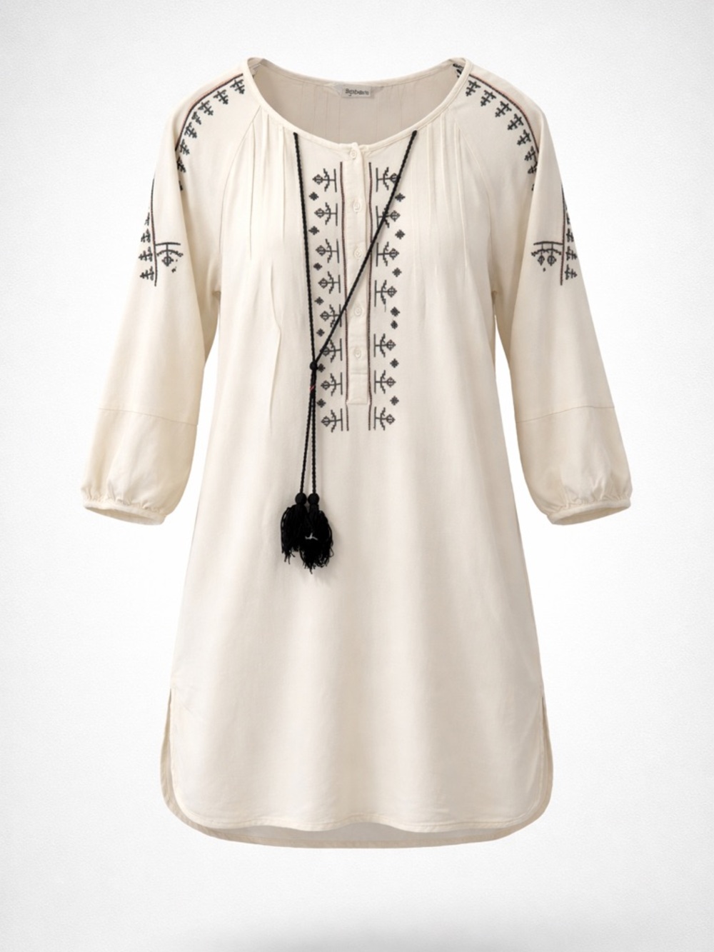 Bobeau Collection Small Cream Embroidered Boho Tunic Dress Tassel Tie 3/4 Sleeve